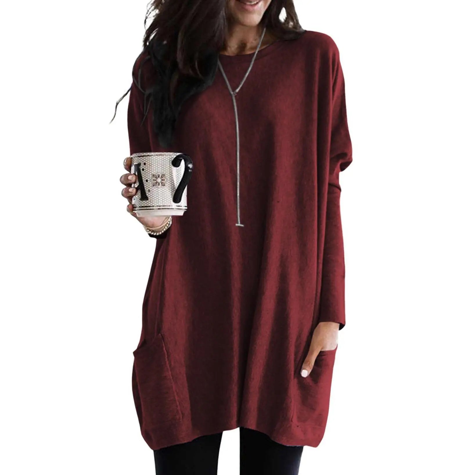 Women's Long Sleeve Scoop Neck Lightweight Tunic Top with Pockets