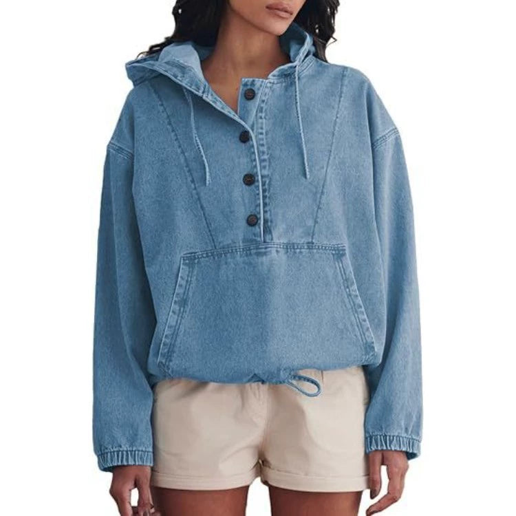 Women's Collared Long Sleeve Button-Front Denim Jacket