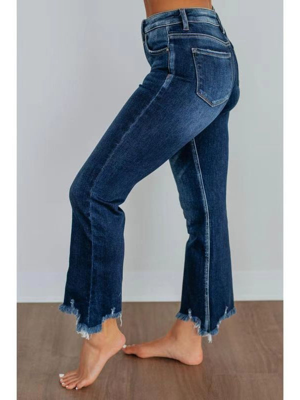 Women's High-Waist Distressed Flared Denim Cropped Jeans
