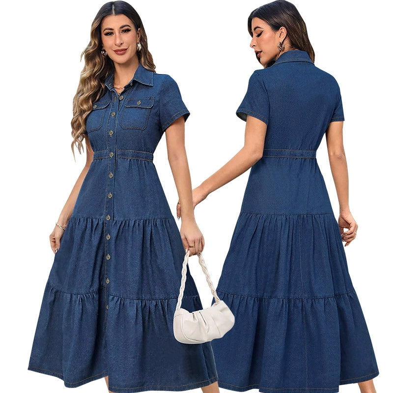 Women's Denim Lapel Short Sleeve Waist-Defining Open-Front Long Dress