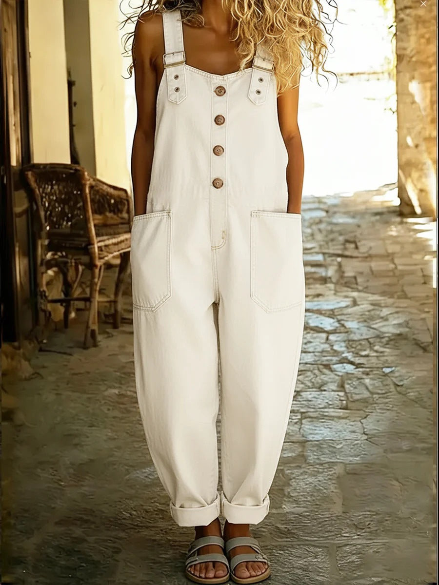 Women's Vintage Washed Loose Fit Denim Overall Jumpsuit with Adjustable Buckles