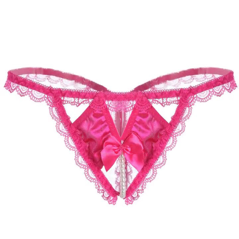 Pearl Massage Bowknot Lace Transparent T-Pants