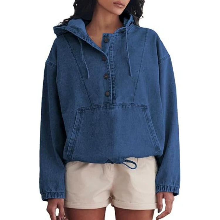 Women's Collared Long Sleeve Button-Front Denim Jacket