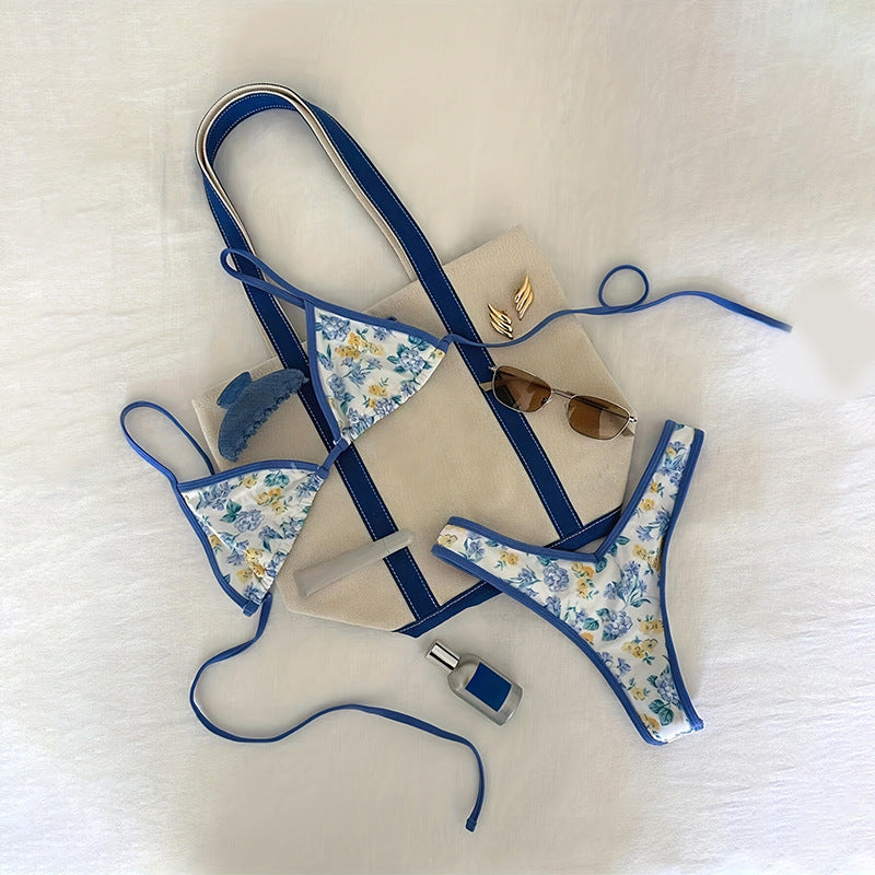 Printed lace-up swimsuit triangle cup bikini
