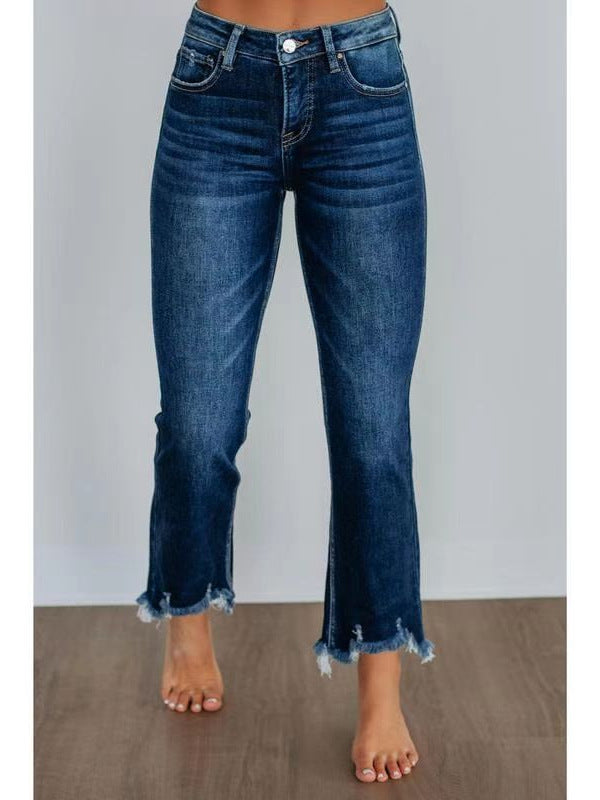 Women's High-Waist Distressed Flared Denim Cropped Jeans