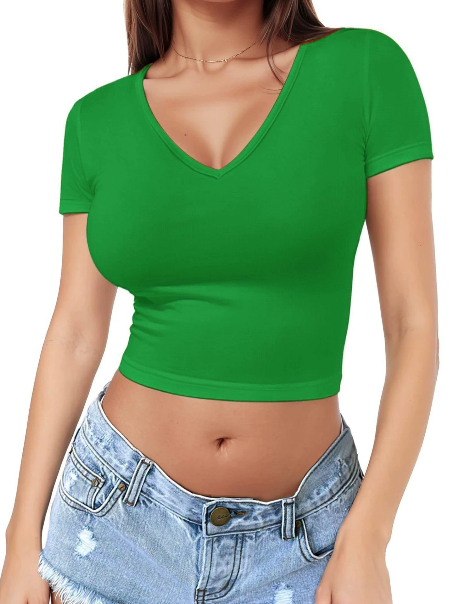 Women's Short Sleeve V-Neck Cropped Spandex Slim Fit Tee