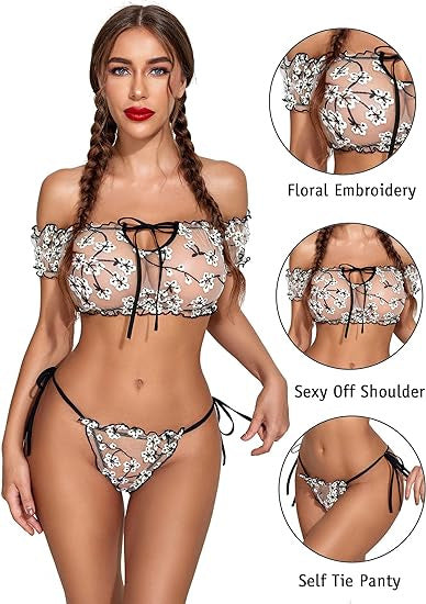 Word strap mesh sexy lingerie set