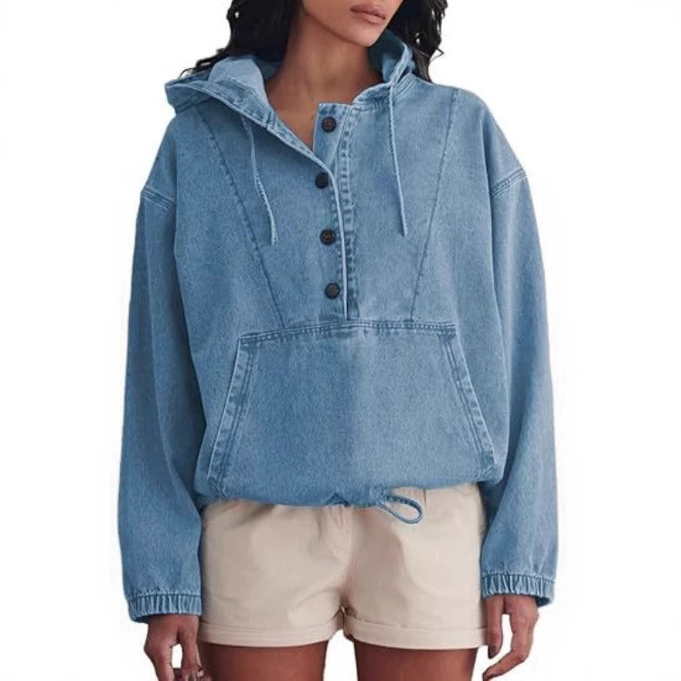 Women's Collared Long Sleeve Button-Front Denim Jacket