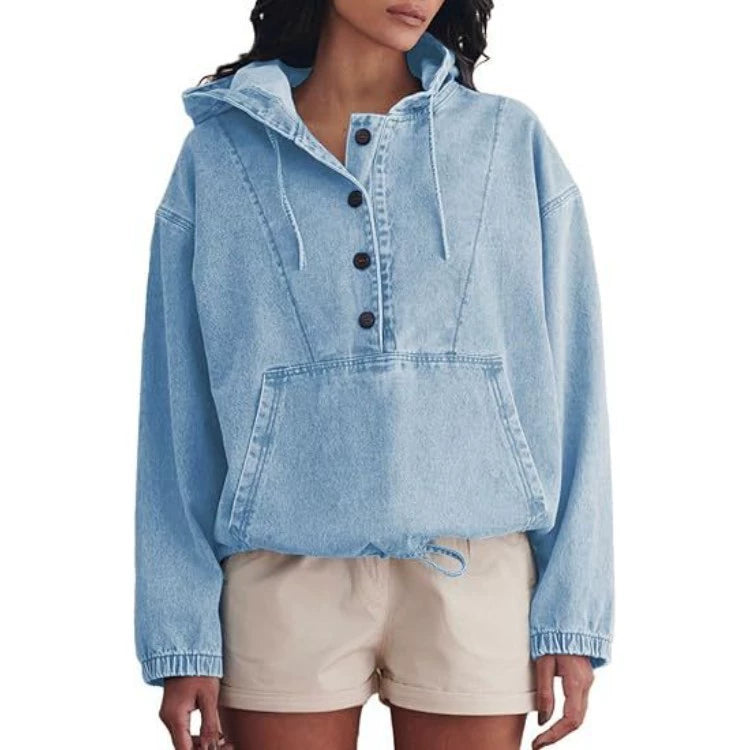 Women's Collared Long Sleeve Button-Front Denim Jacket