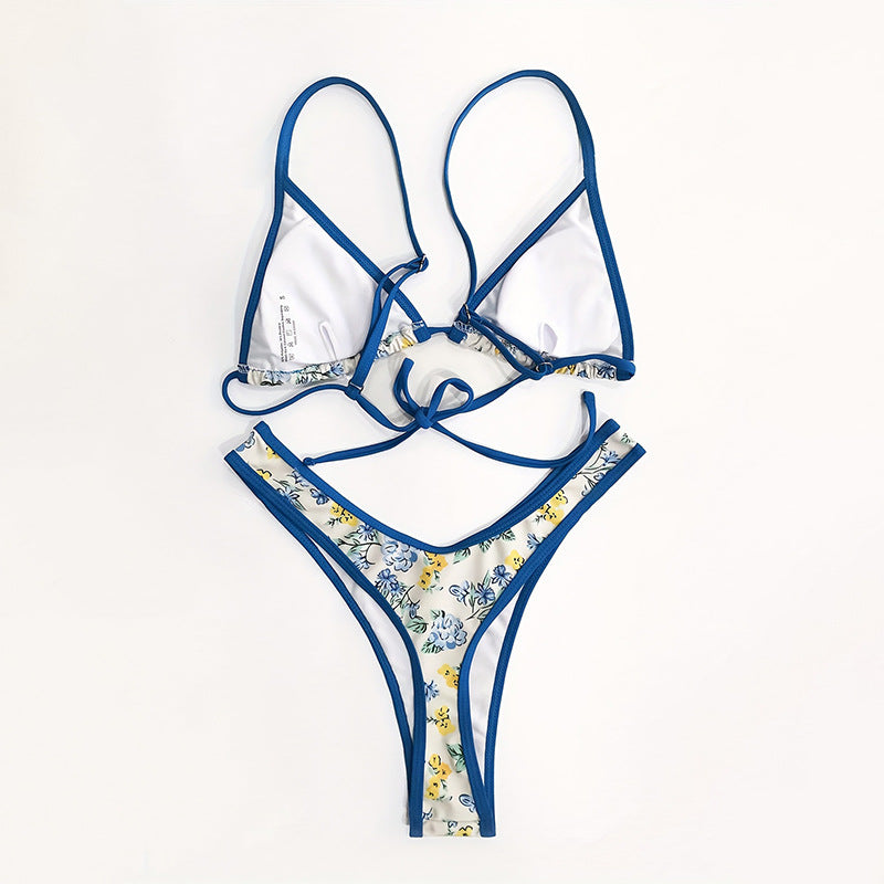 Printed lace-up swimsuit triangle cup bikini