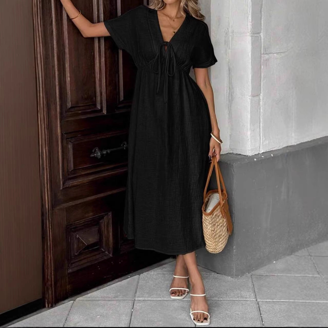 V-neck pure cotton dress