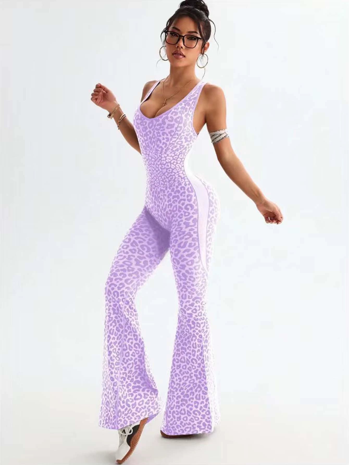 Women's Sleeveless High-Stretch Nylon Flared-Leg Yoga Jumpsuit
