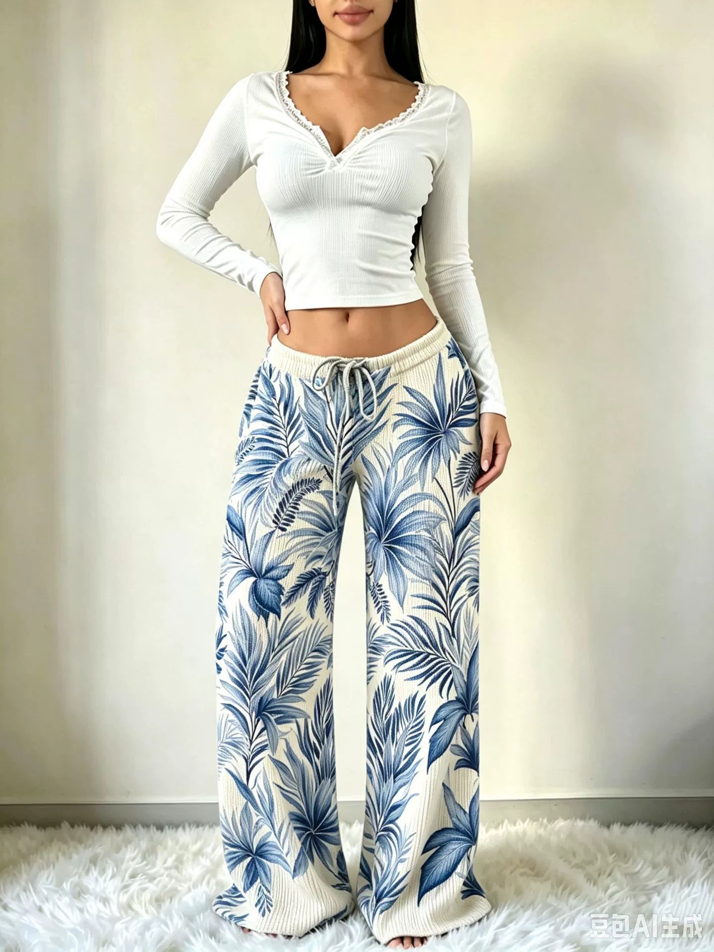 Women's Striped High-Waist Drawstring Wide-Leg Casual Trousers
