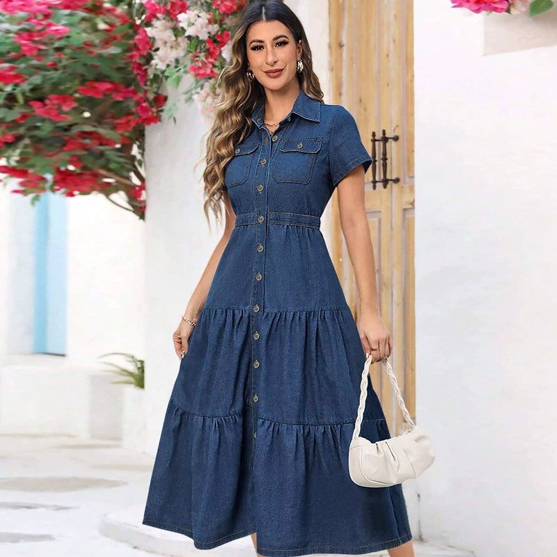 Women's Denim Lapel Short Sleeve Waist-Defining Open-Front Long Dress