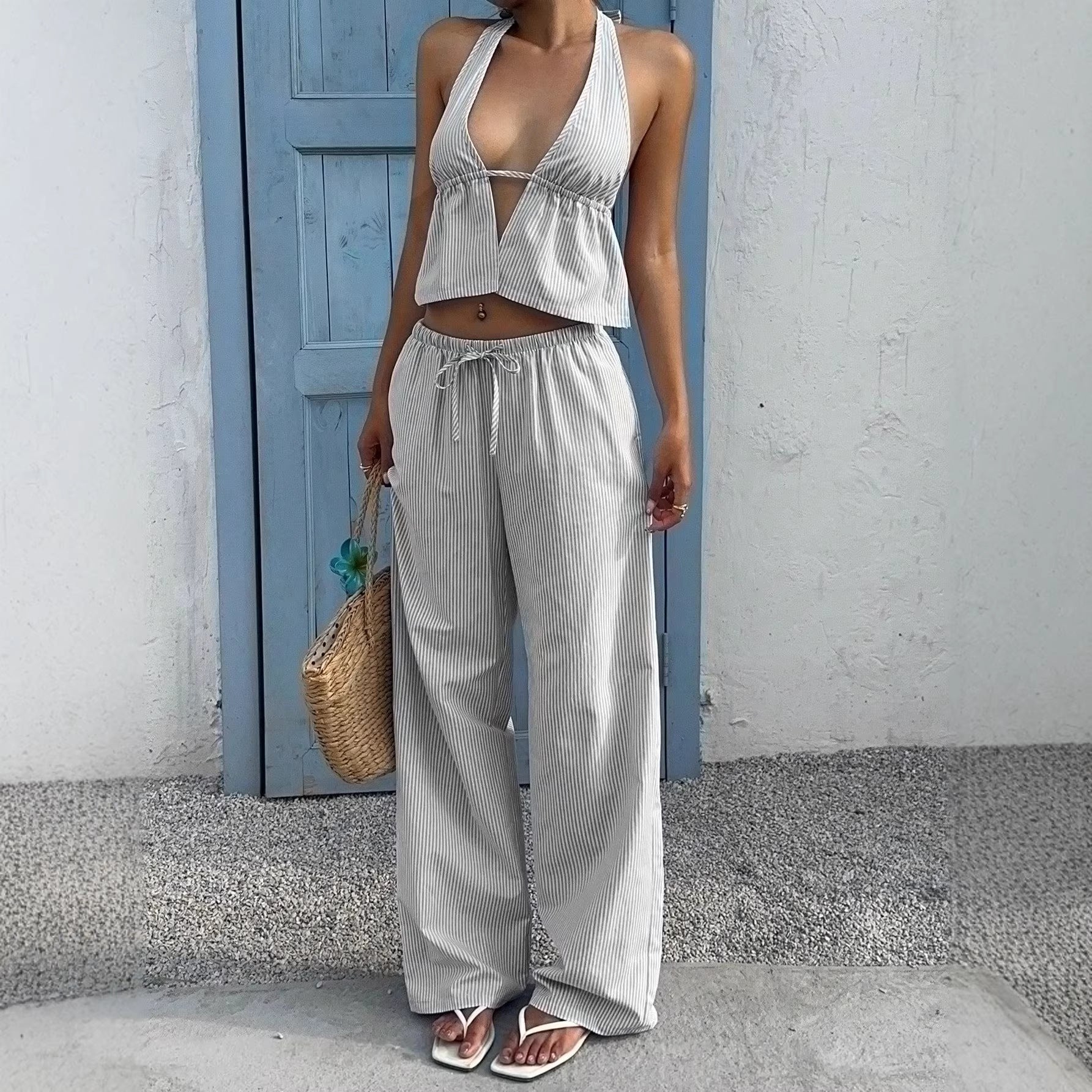 LunaMuse™ Striped Halter Wide Leg Two Piece Set