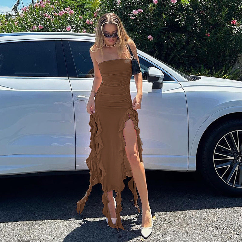 Sexy Strapless High Slit Maxi Dress