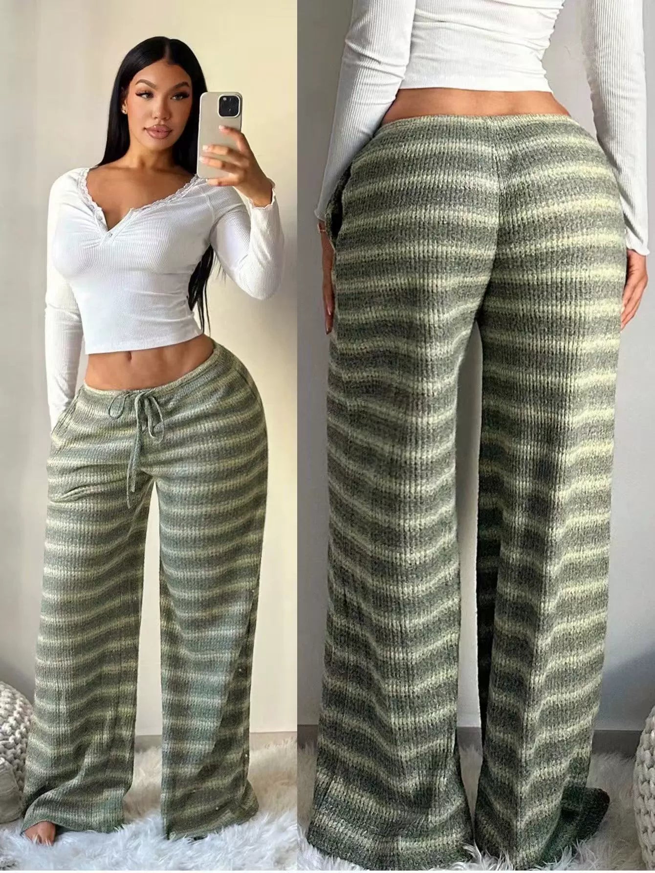 Women's Striped High-Waist Drawstring Wide-Leg Casual Trousers