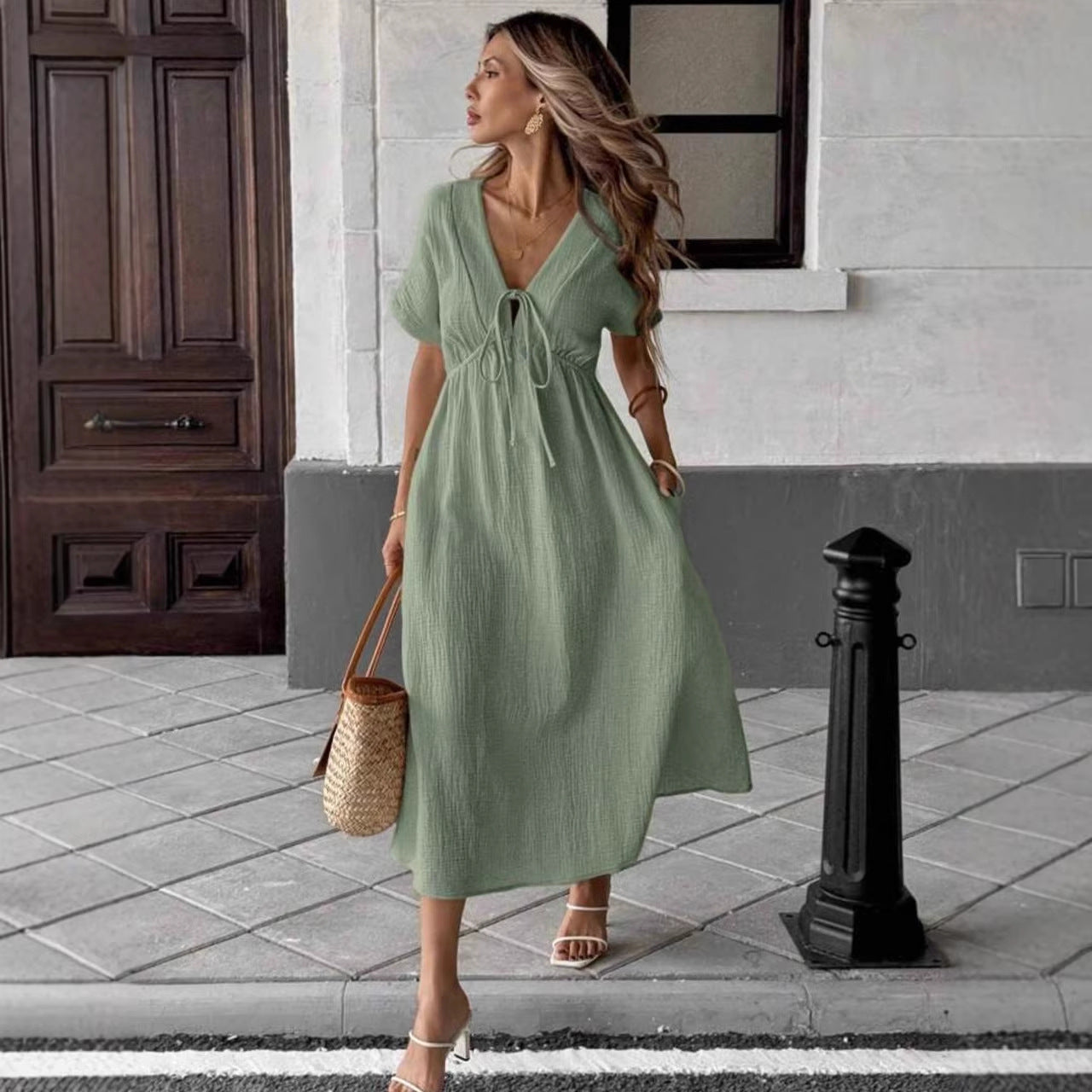 V-neck pure cotton dress
