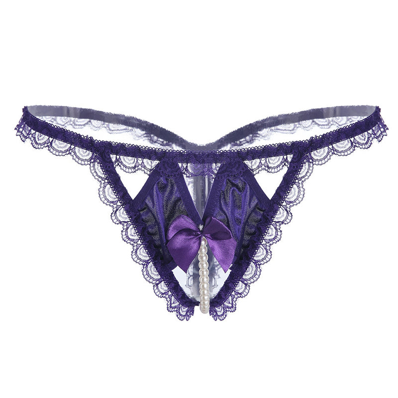 Pearl Massage Bowknot Lace Transparent T-Pants