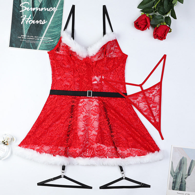 Christmas dress with contrasting lace and suspenders