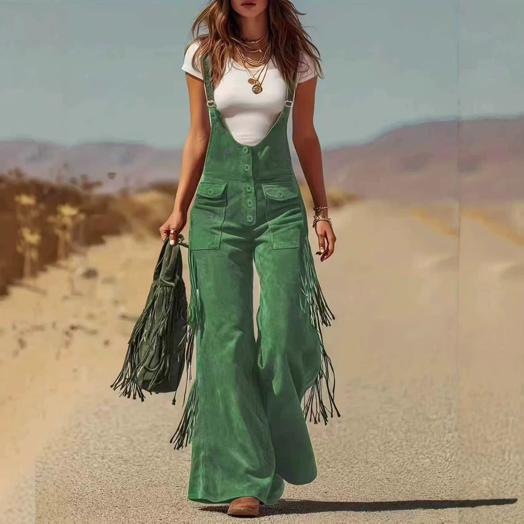 Women's Vintage Western Suede Fringe Wide Leg Pocket Overalls