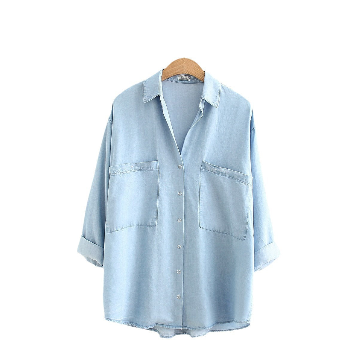 Women's Lapel Three-Quarter Sleeve Loose Fit Mid-Length Tencel Denim Shirt