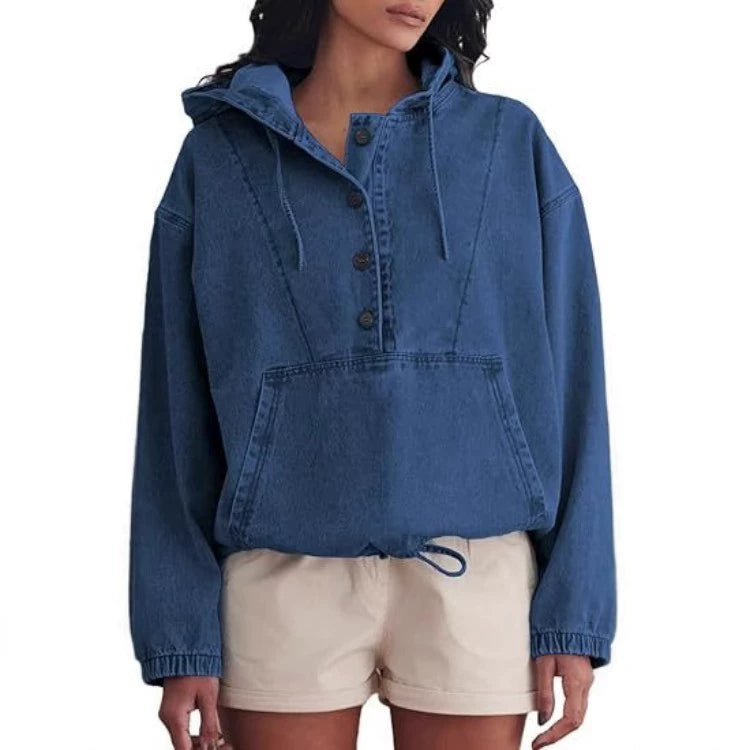 Women's Collared Long Sleeve Button-Front Denim Jacket
