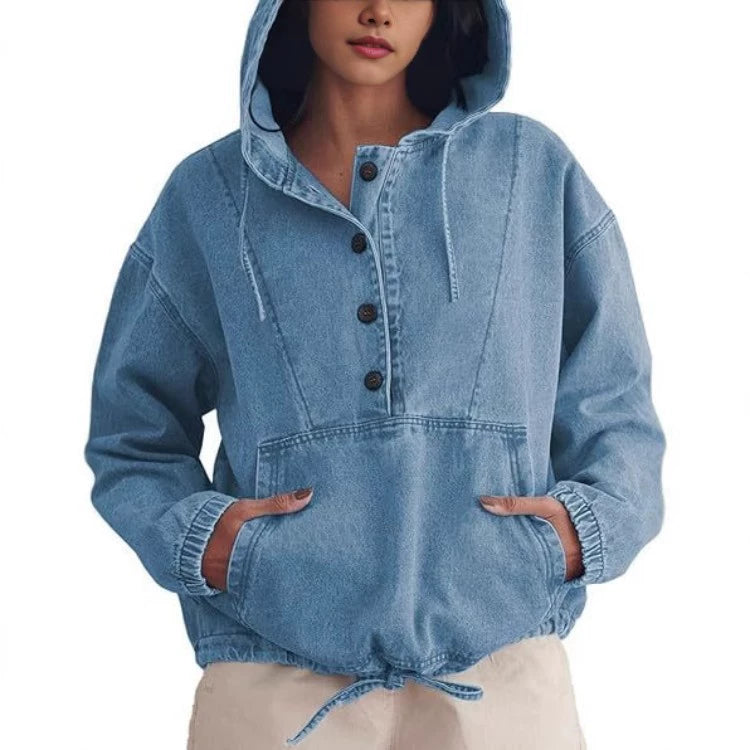 Women's Collared Long Sleeve Button-Front Denim Jacket