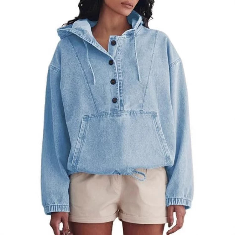Women's Collared Long Sleeve Button-Front Denim Jacket