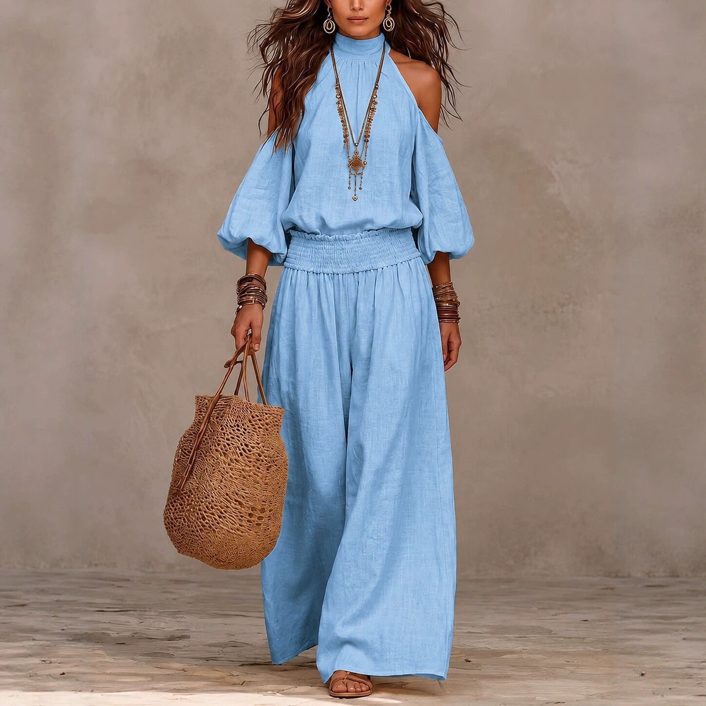 Women's Off-Shoulder Long Sleeve Solid Color Two-Piece Pants Set