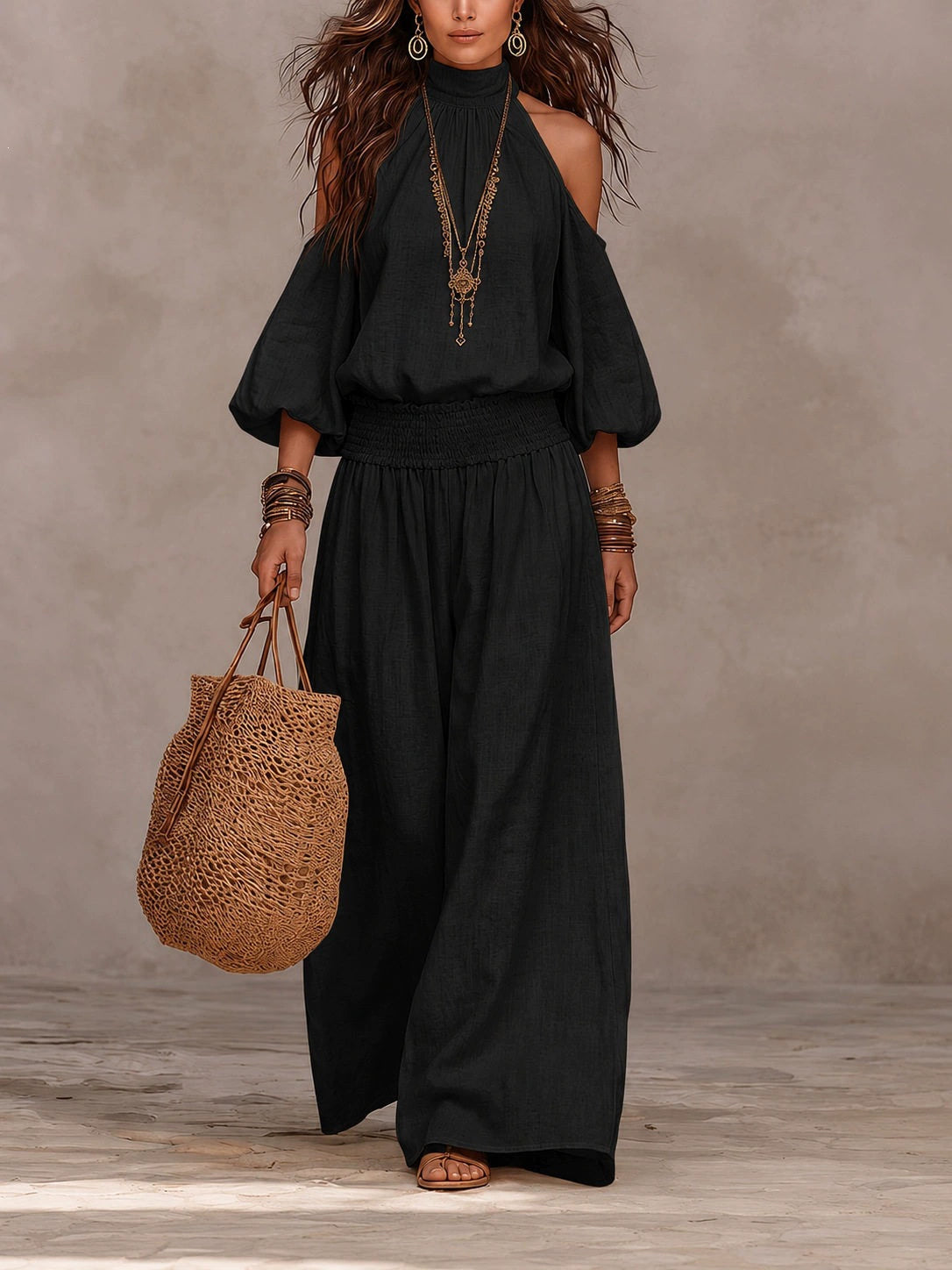 Women's Off-Shoulder Long Sleeve Solid Color Two-Piece Pants Set