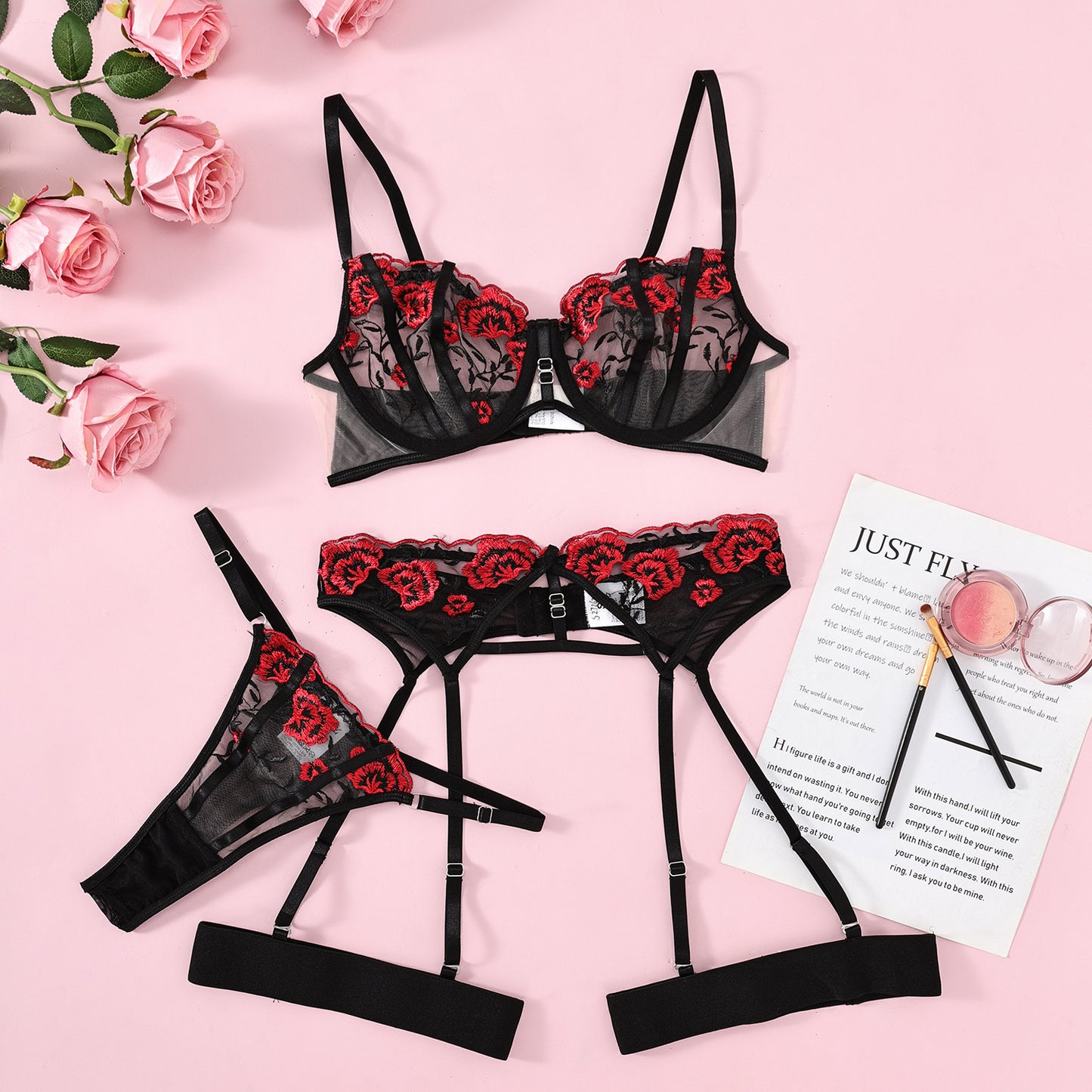 Embroidered Sexy Flower Lingerie Set