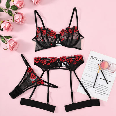 Embroidered Sexy Flower Lingerie Set