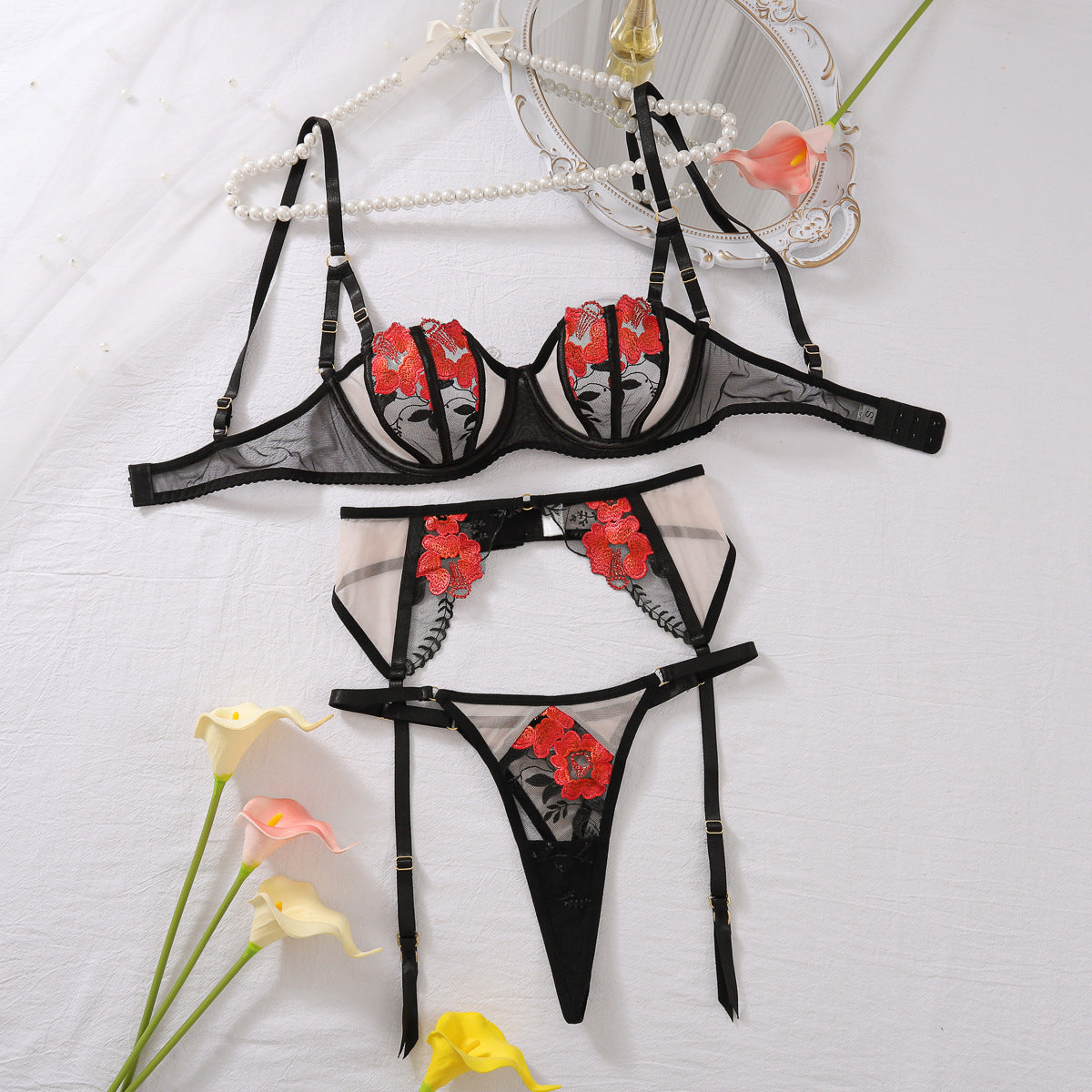 Sexy floral embroidered backless sexy bra set