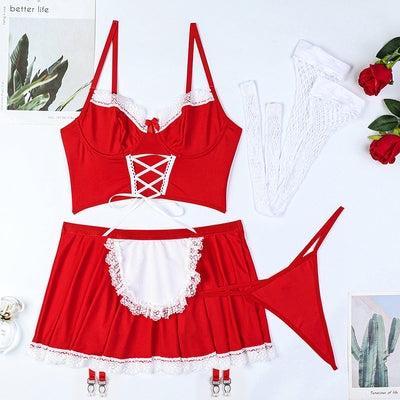 Red strap cross bra four piece set