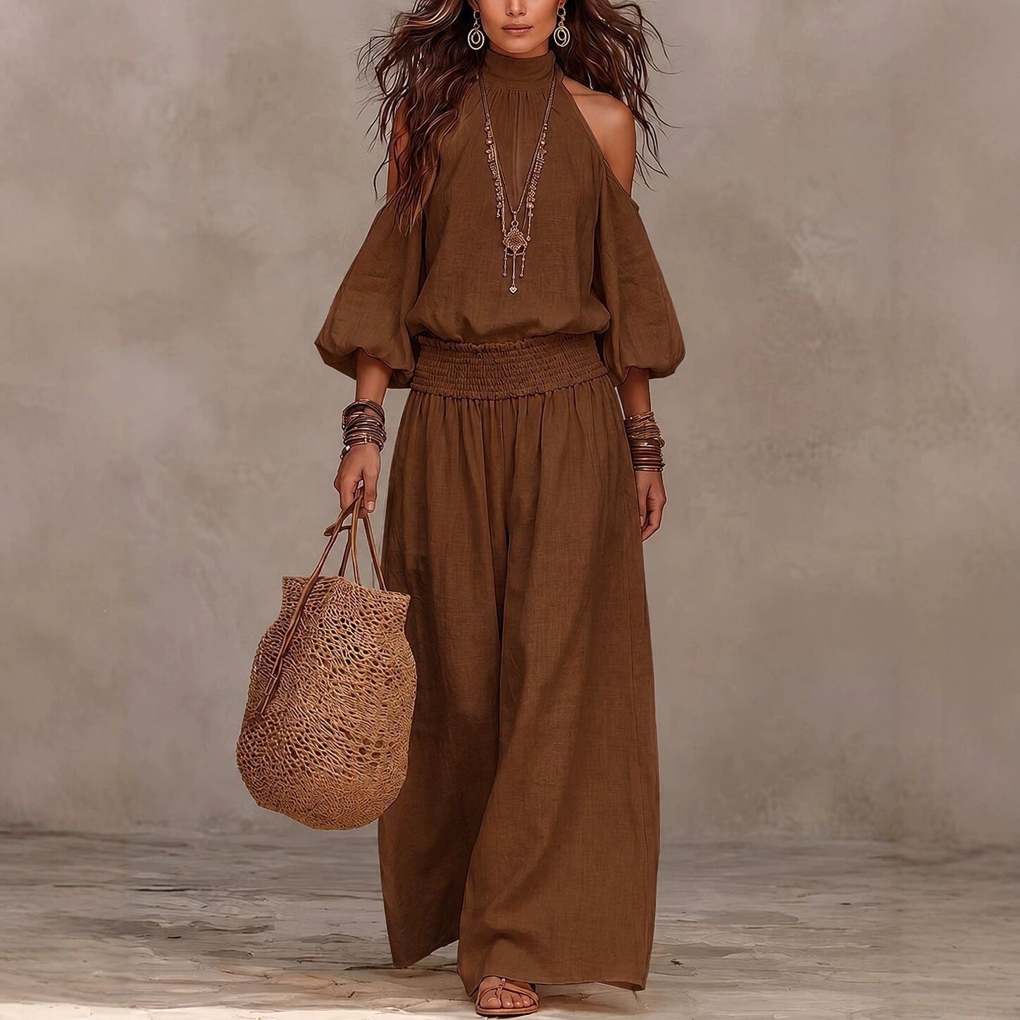 Women's Off-Shoulder Long Sleeve Solid Color Two-Piece Pants Set
