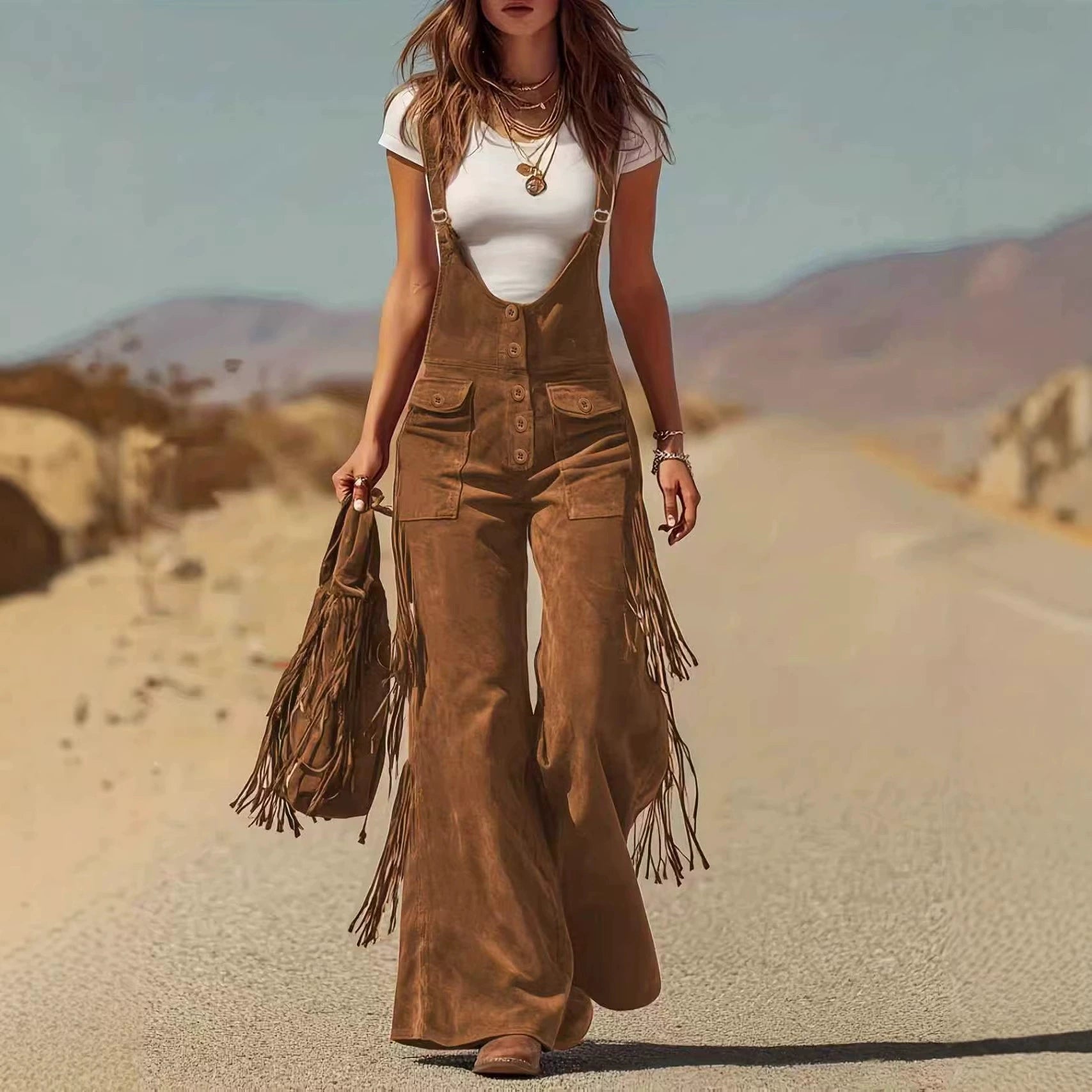 Women's Vintage Western Suede Fringe Wide Leg Pocket Overalls