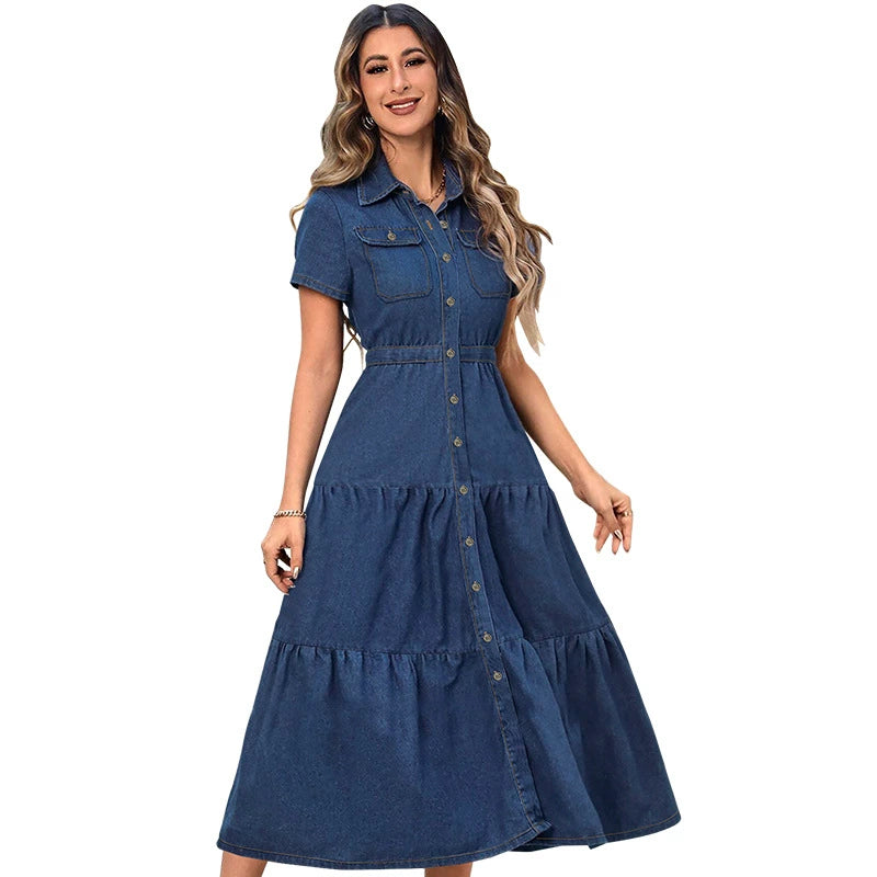 Women's Denim Lapel Short Sleeve Waist-Defining Open-Front Long Dress
