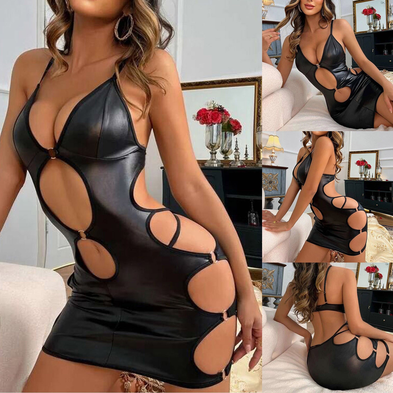 Sexy Patent Leather Suspender Dress Set