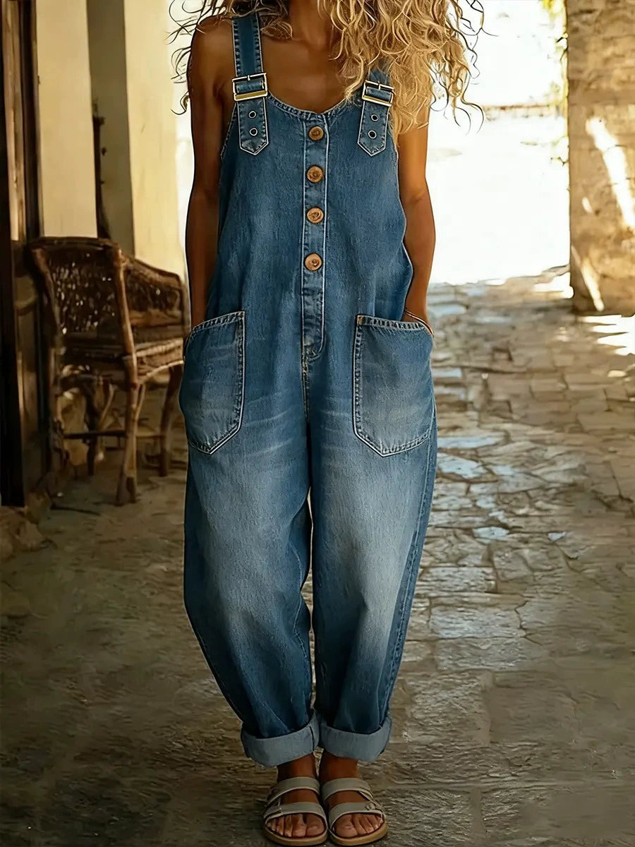 Women's Vintage Washed Loose Fit Denim Overall Jumpsuit with Adjustable Buckles