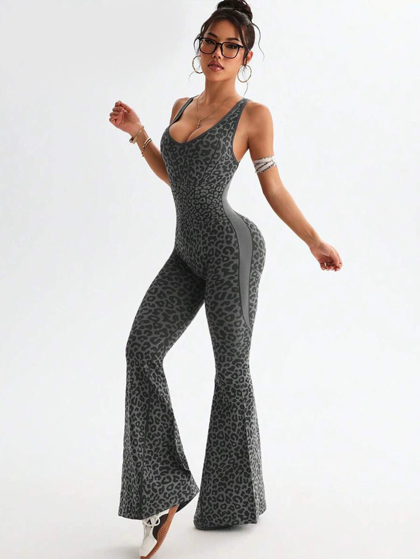 Women's Sleeveless High-Stretch Nylon Flared-Leg Yoga Jumpsuit