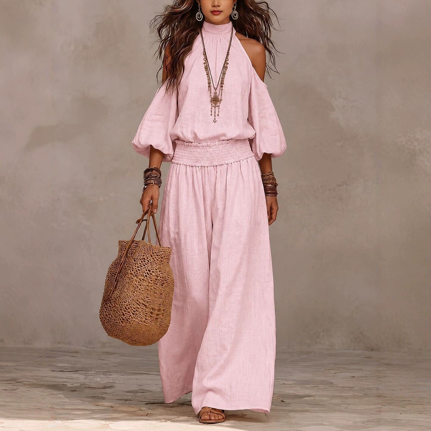 Women's Off-Shoulder Long Sleeve Solid Color Two-Piece Pants Set