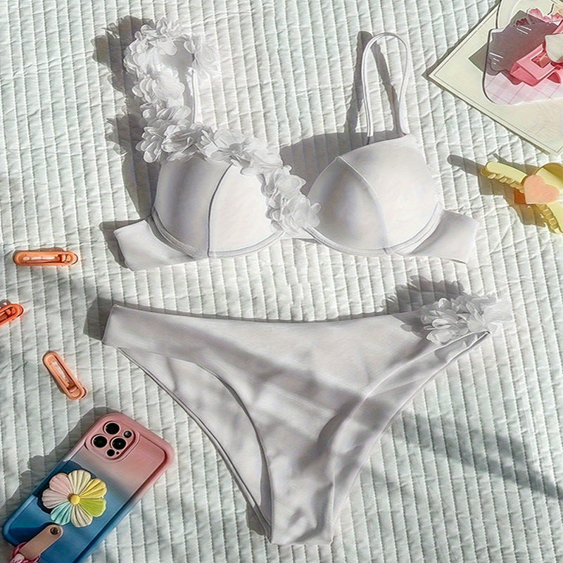 Solid color floral hard back bikini
