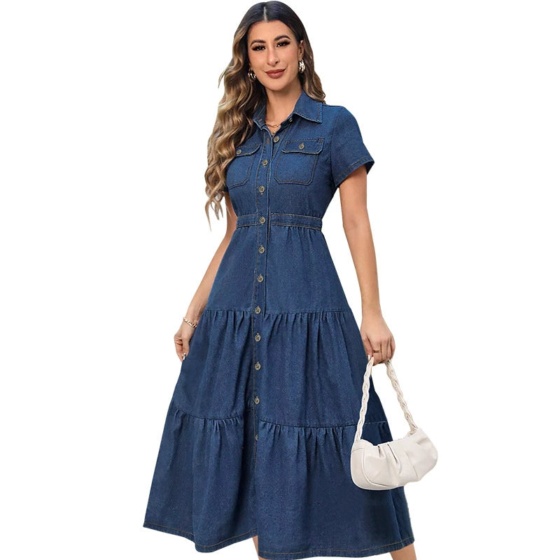 Women's Denim Lapel Short Sleeve Waist-Defining Open-Front Long Dress