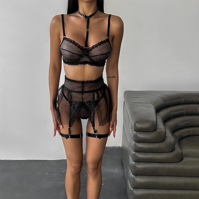 Sexy Embroidered Halter Neck Transparent Bra Set