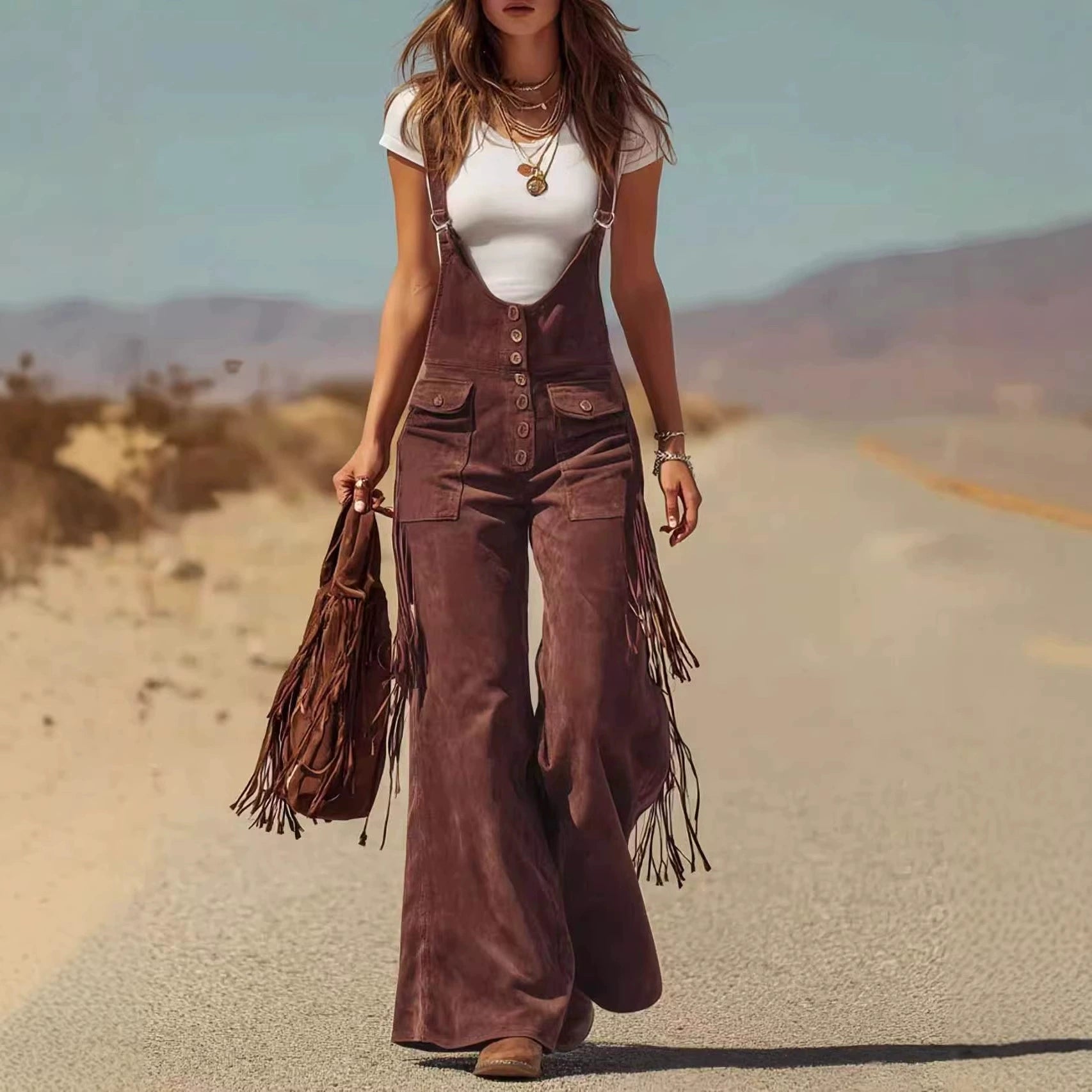 Women's Vintage Western Suede Fringe Wide Leg Pocket Overalls