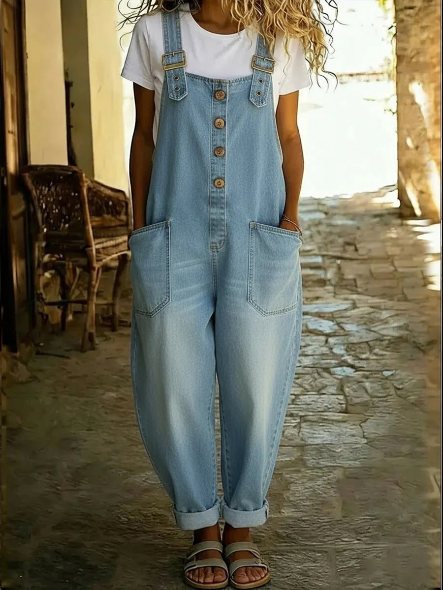 Women's Vintage Washed Loose Fit Denim Overall Jumpsuit with Adjustable Buckles