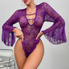 See-through deep V lace bell sleeve bra