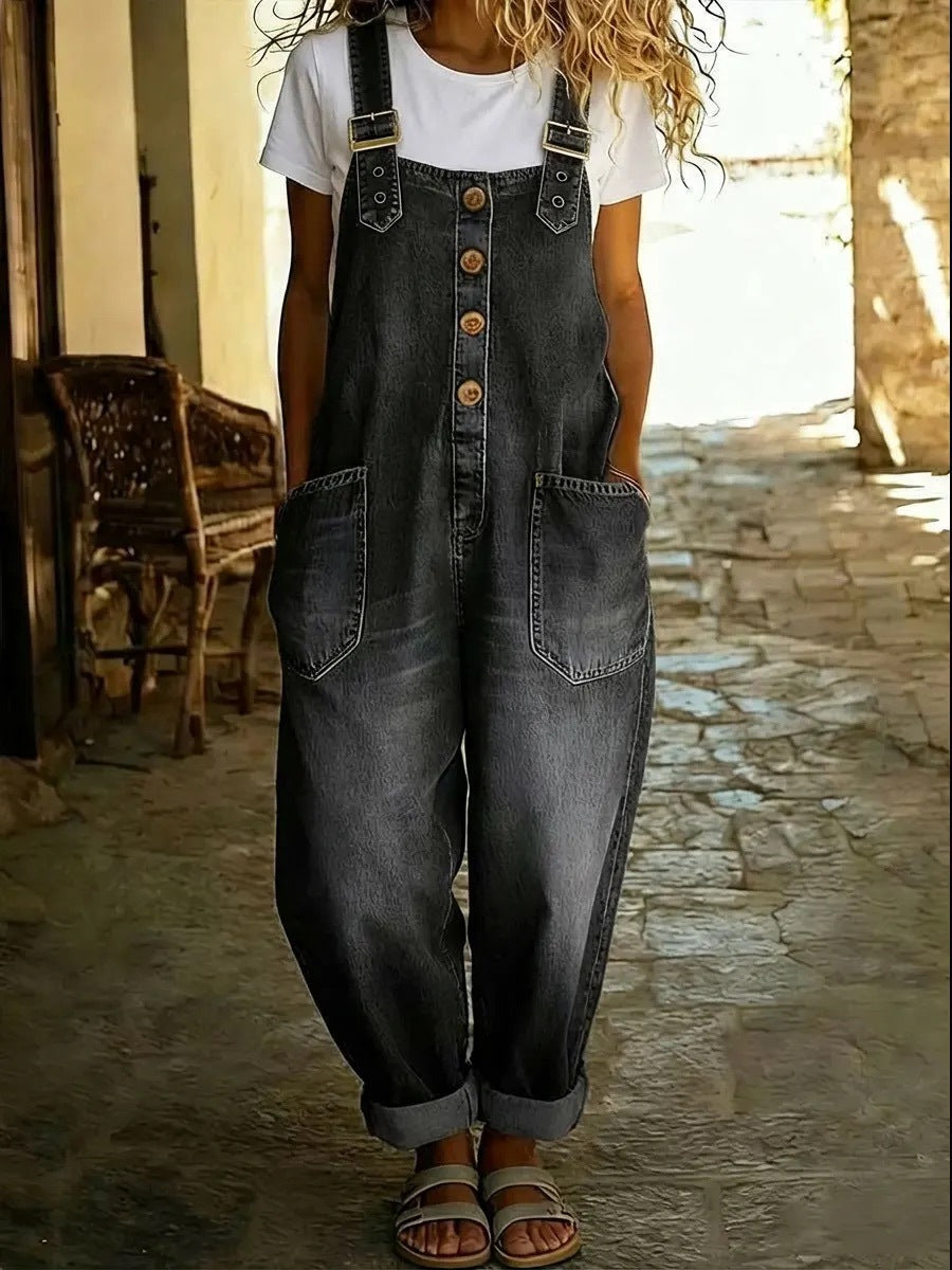 Women's Vintage Washed Loose Fit Denim Overall Jumpsuit with Adjustable Buckles
