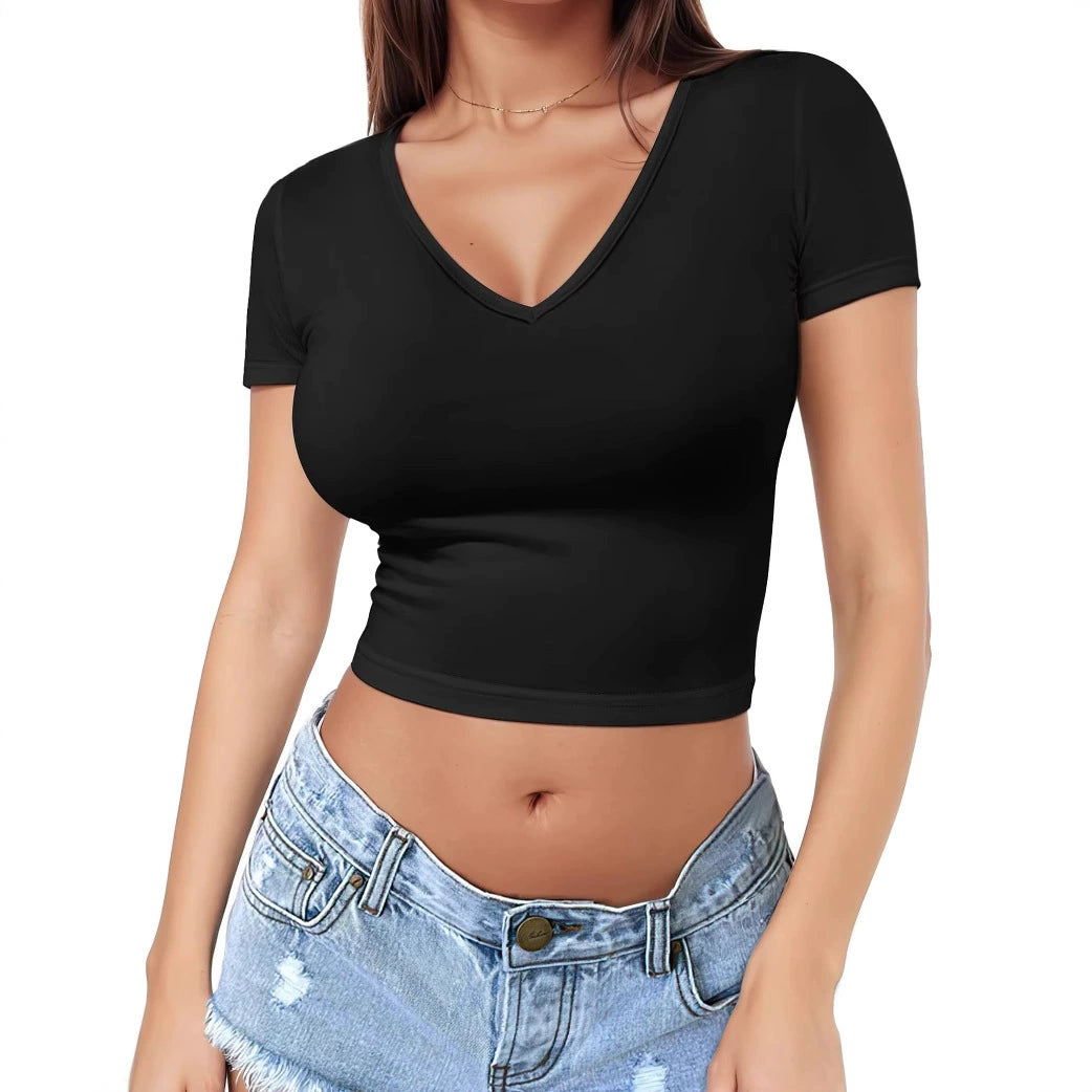 Women's Short Sleeve V-Neck Cropped Spandex Slim Fit Tee